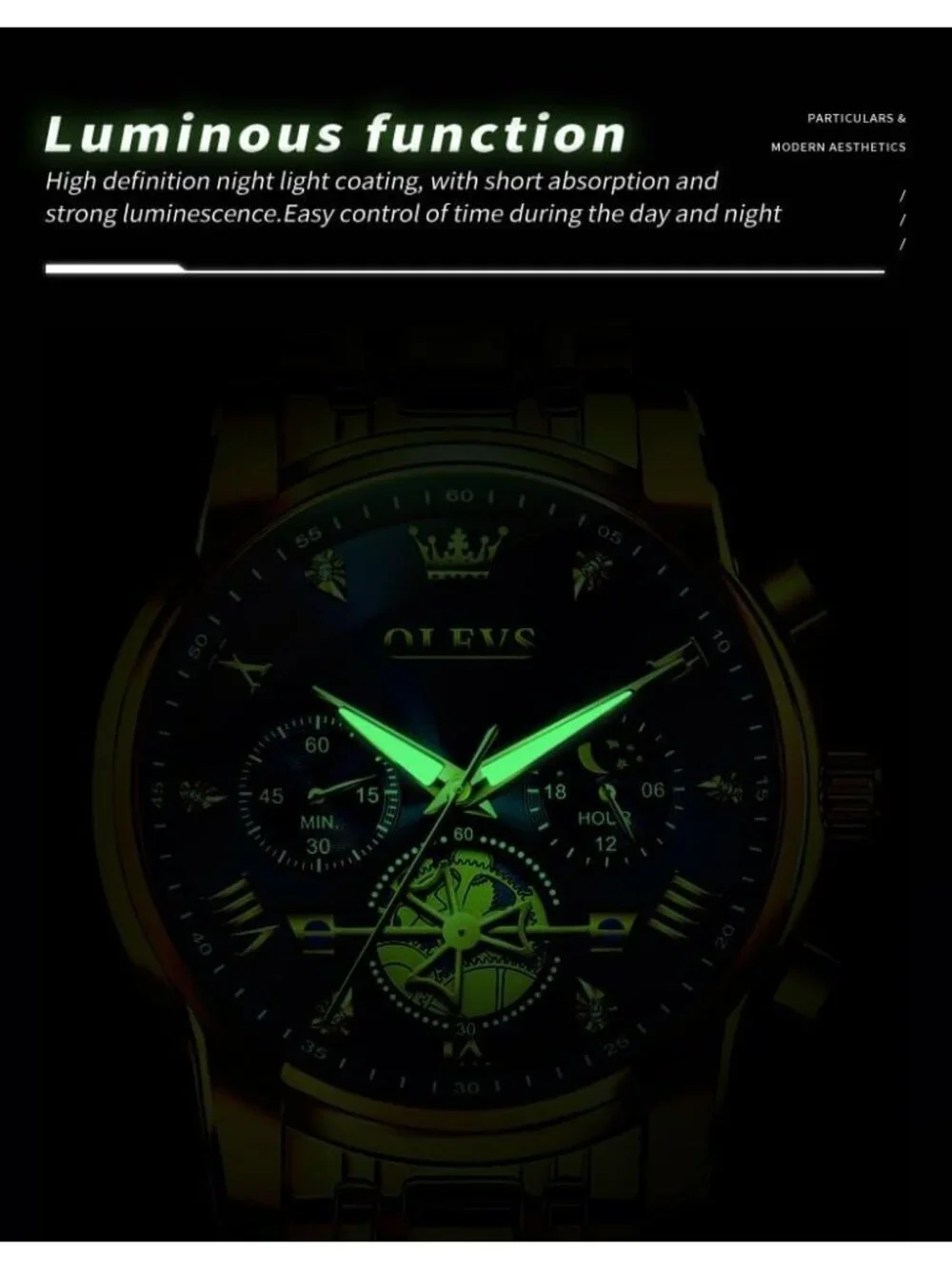 Mens Gold Blue Skeleton Stainless Steel Diamond Multi Calendar Chronograph Watch